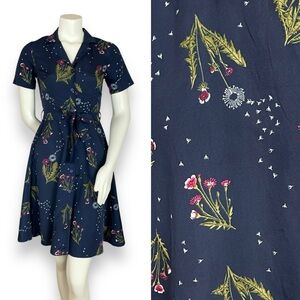Circus Dress‎ Dandelion Print Navy Blue XS UK Size 8 Retro A-Line Belted Twee